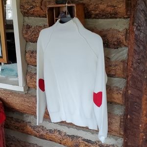 Cream Cowl Neck Ribbed Sweater w/Heart Patches